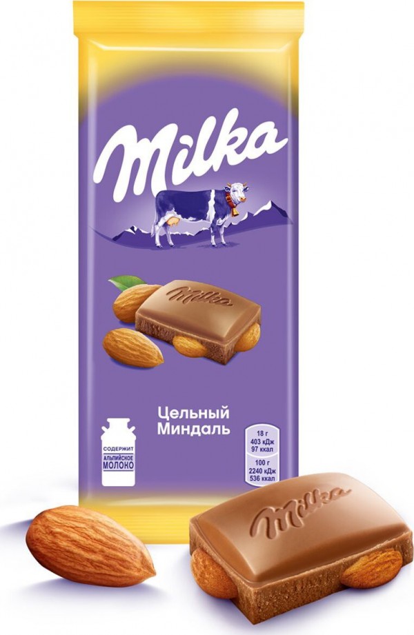 Шоколад Милка (Milka) 90г Цельный миндаль